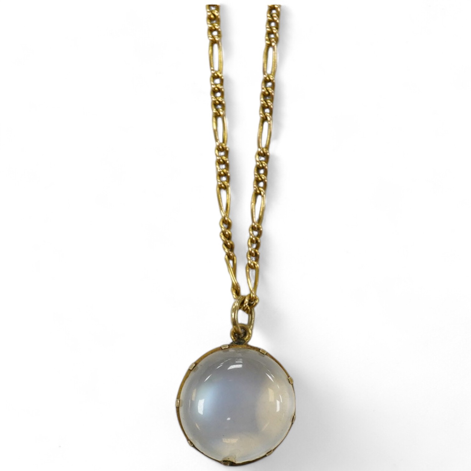 A yellow metal and single stone cabochon moonstone set pendant necklace, overall 42cm, gross weight 5.1 grams. Condition - fair